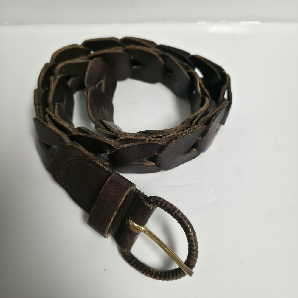 Vintage Dark Brown Braided Leather Belt Boho Woven Genuine Leather Size Large